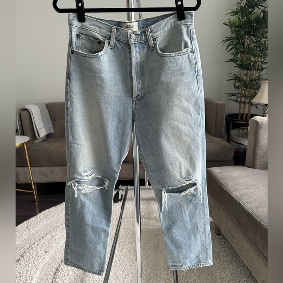 Agolde Riley High Rise Straight Crop Light Blue Distressed Jeans Size 28 - Picture 3 of 15
